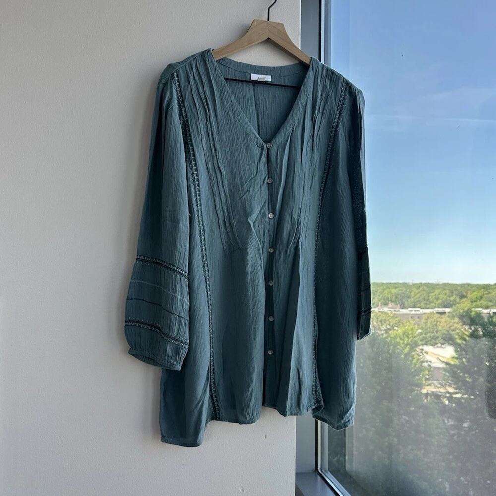 J. Jill Teal Green Button-Front Peasant Blouse